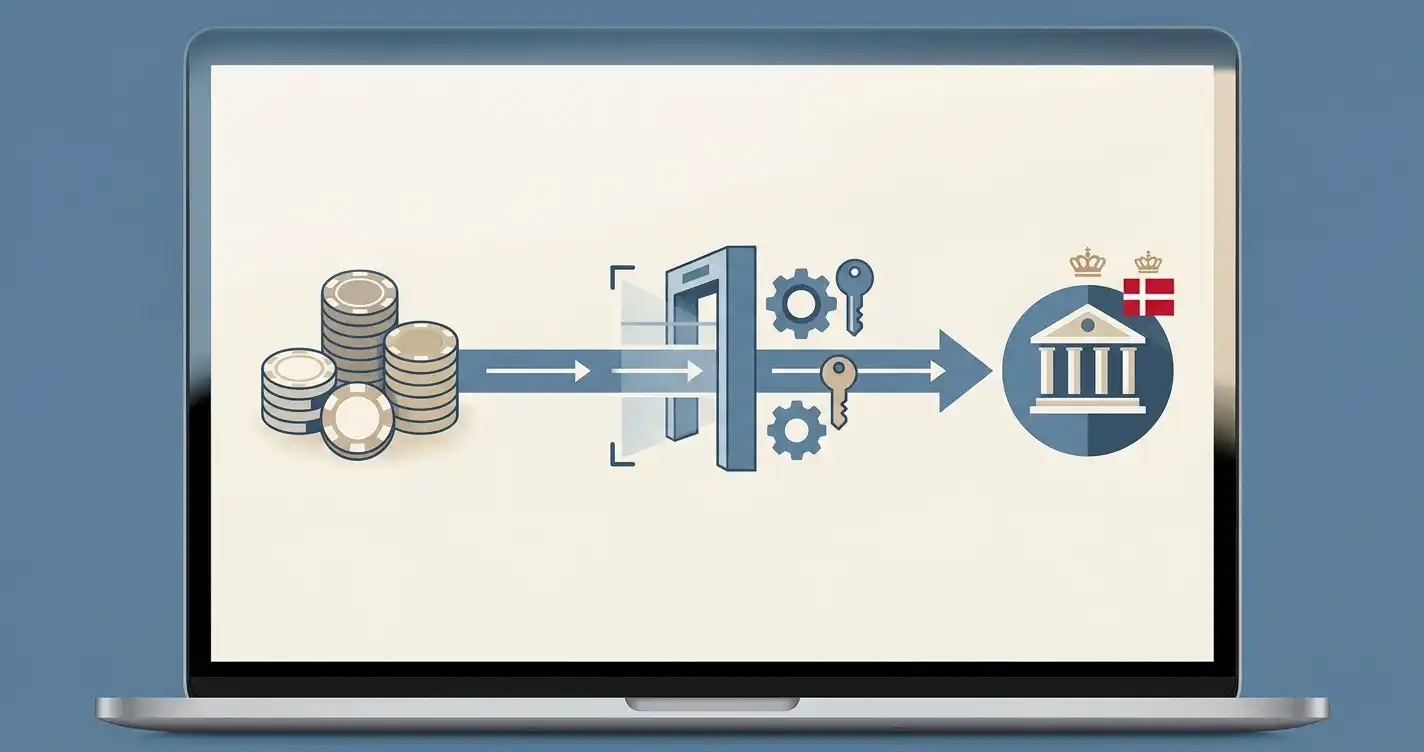 Illustration af udbetaling fra casinokonto gennem identitetskontrol til dansk NemKonto