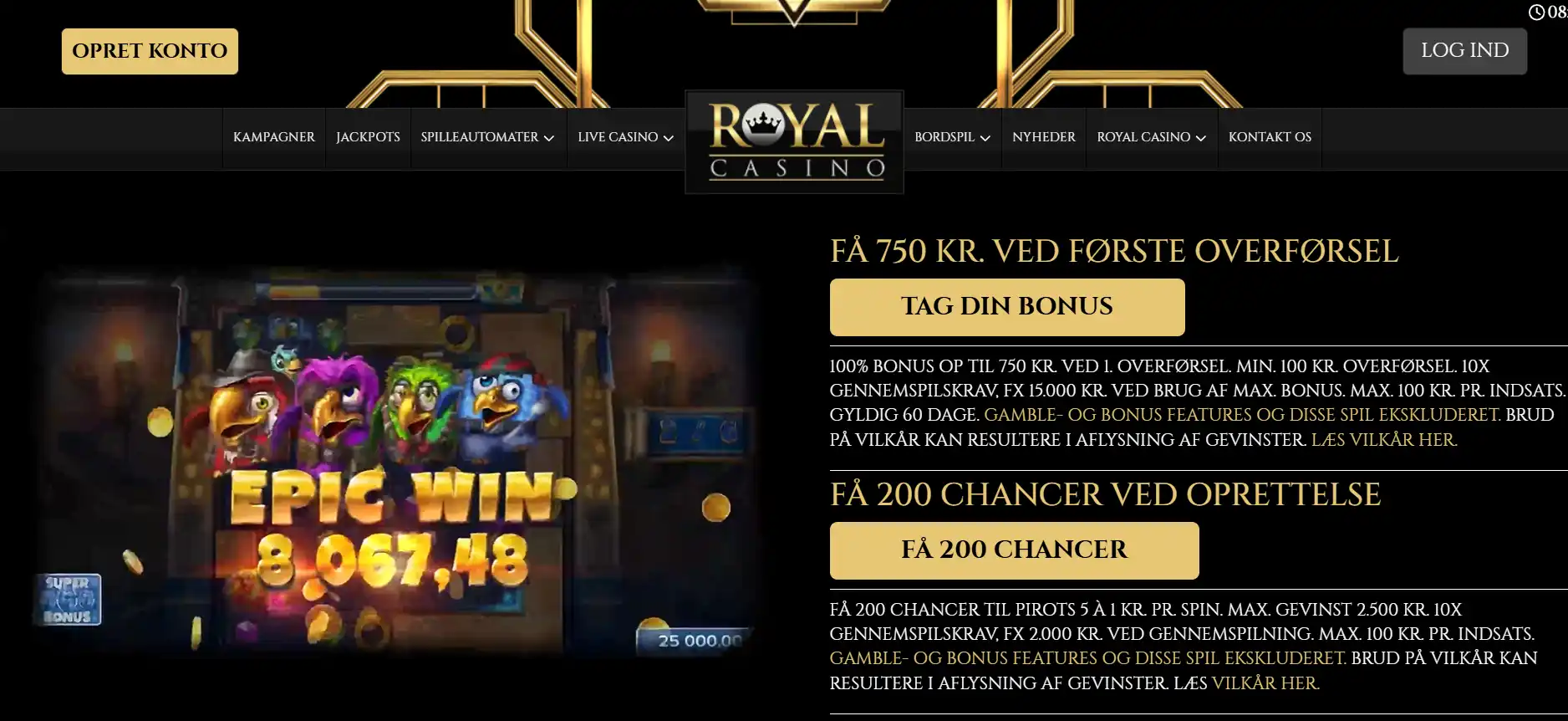 Skærmbillede af RoyalCasino.dk med de aktuelle velkomsttilbud